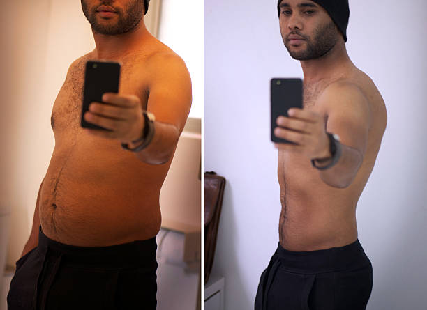 Before and after selfies of a young man tracking his progress