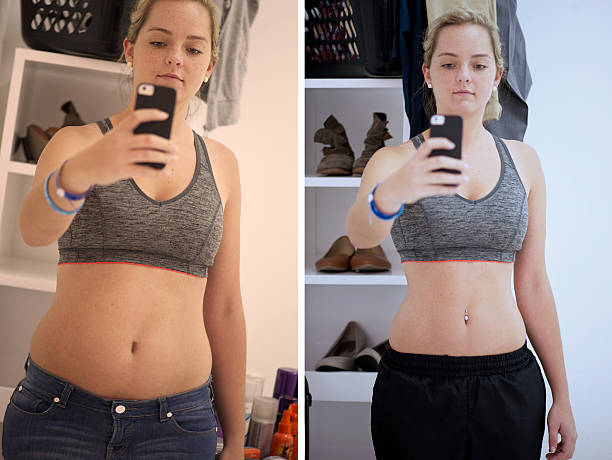 Before and after selfies of a young woman tracking her progress