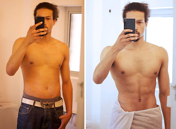 Before and after selfies of a young man tracking his progress