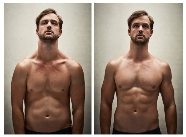 Before and after studio shot of a shirtless young man working on his physique